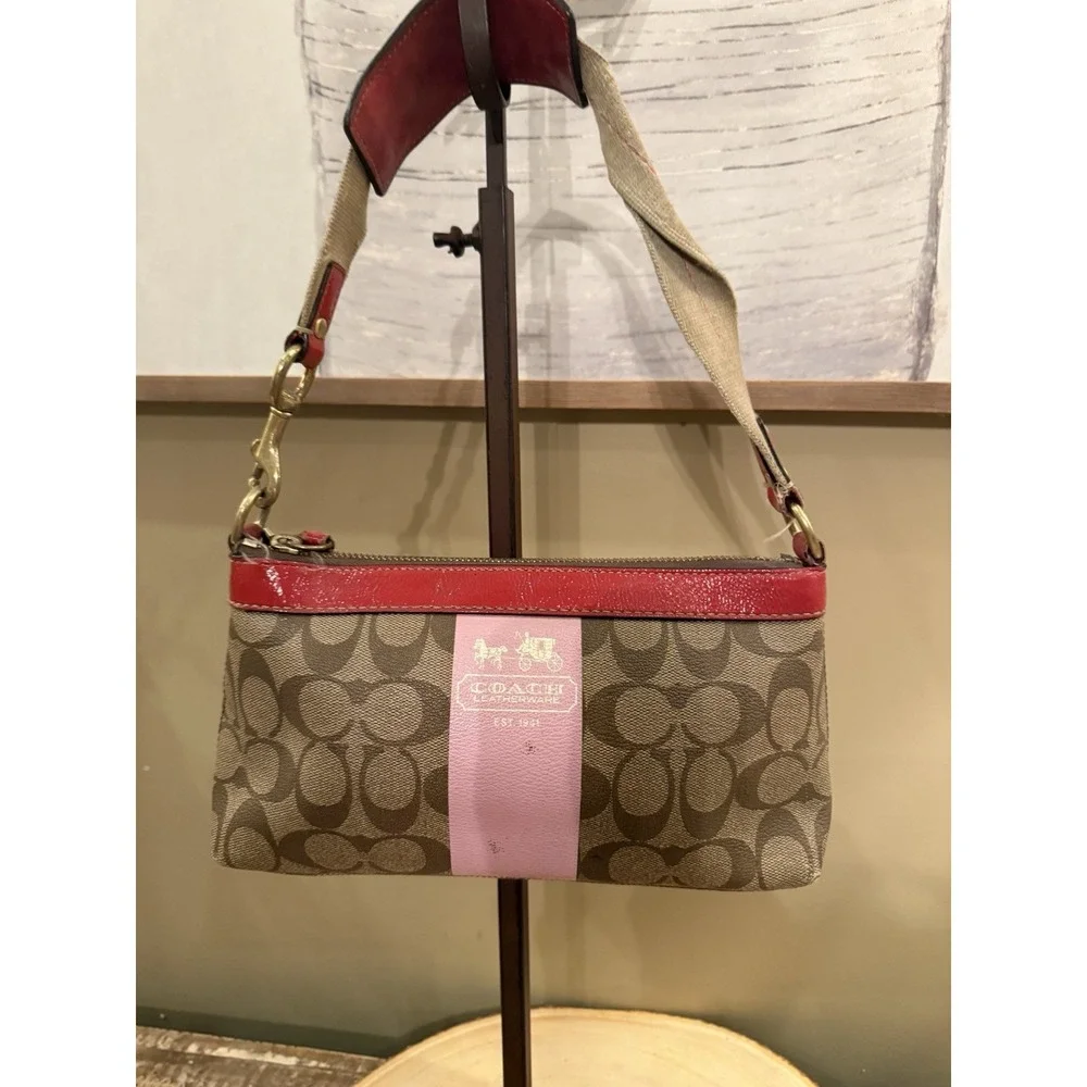 Coach Brown‎ Heritage Jacquard Pink Stripe Red Hobo Shoulder Bag Y2K